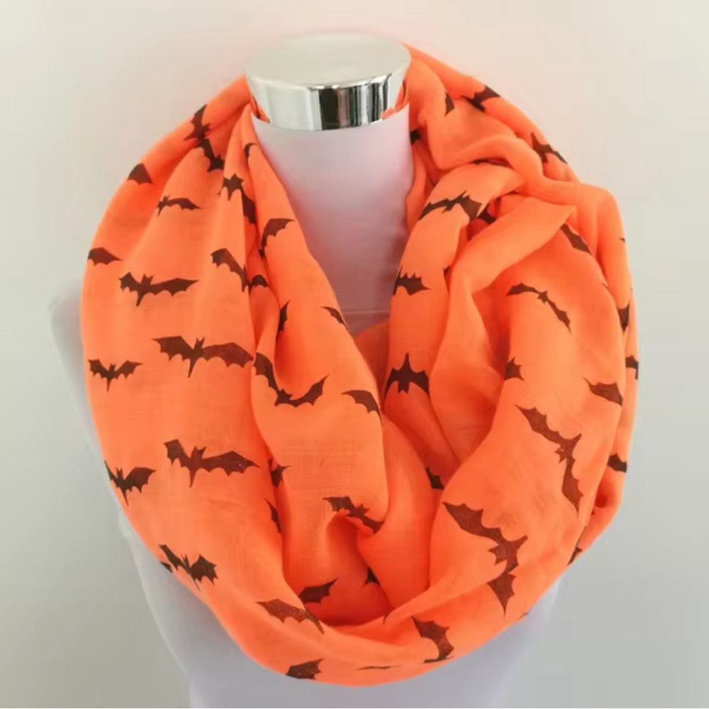 Halloween orange black bat print cotton infinity scarf shawl